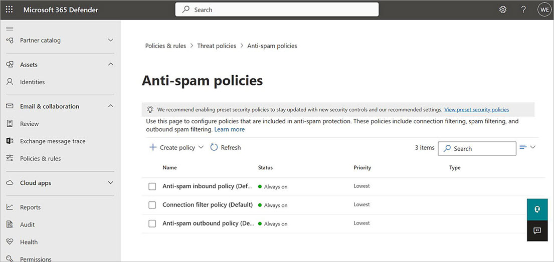 Screenshot of the Microsoft 365 Anti-spam policies page
